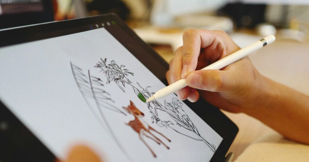 タブレットでイラストに色付けを行うスタイラスペン作業